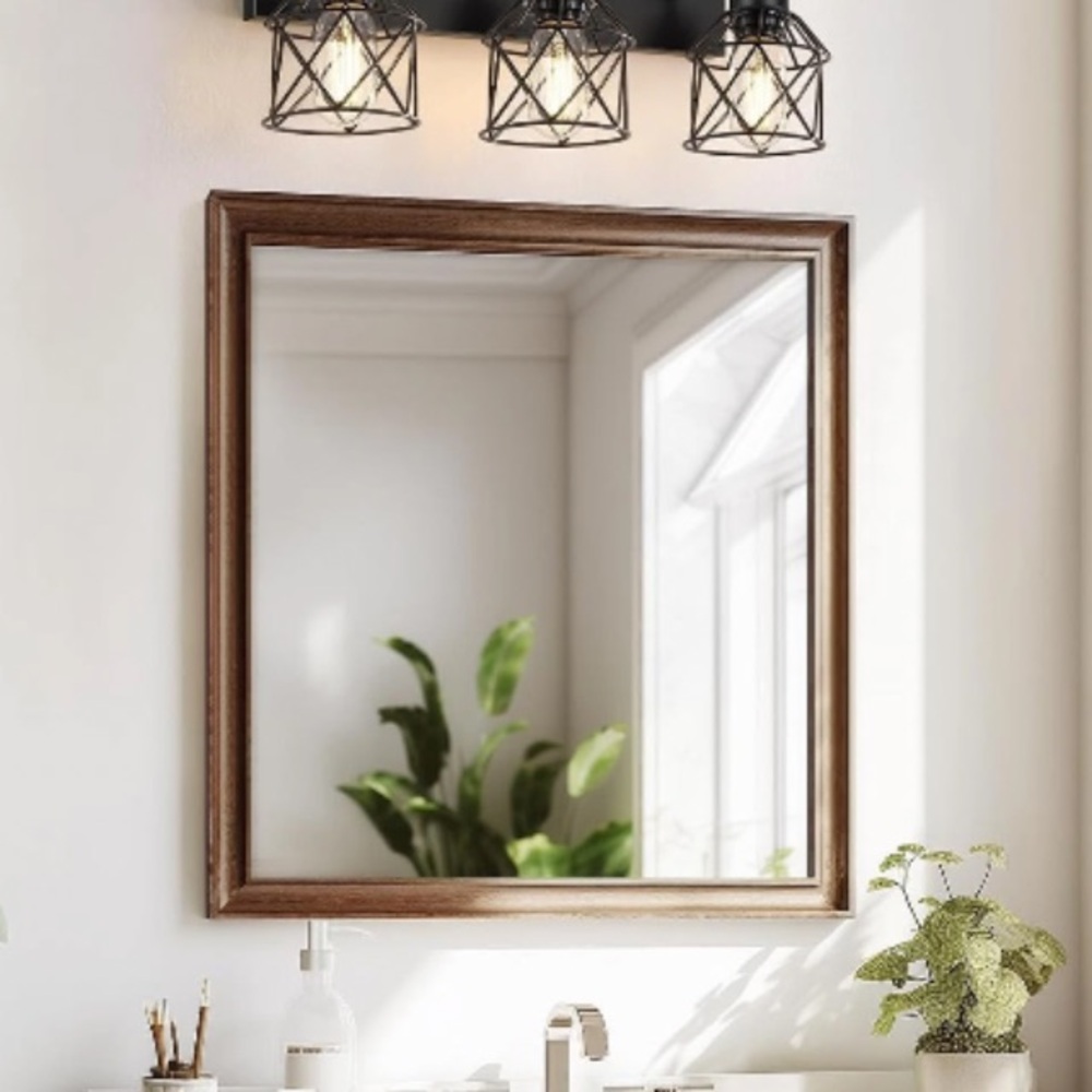Brown Wood Framed Bathroom Mirror - Classic Square Wall Mirror
